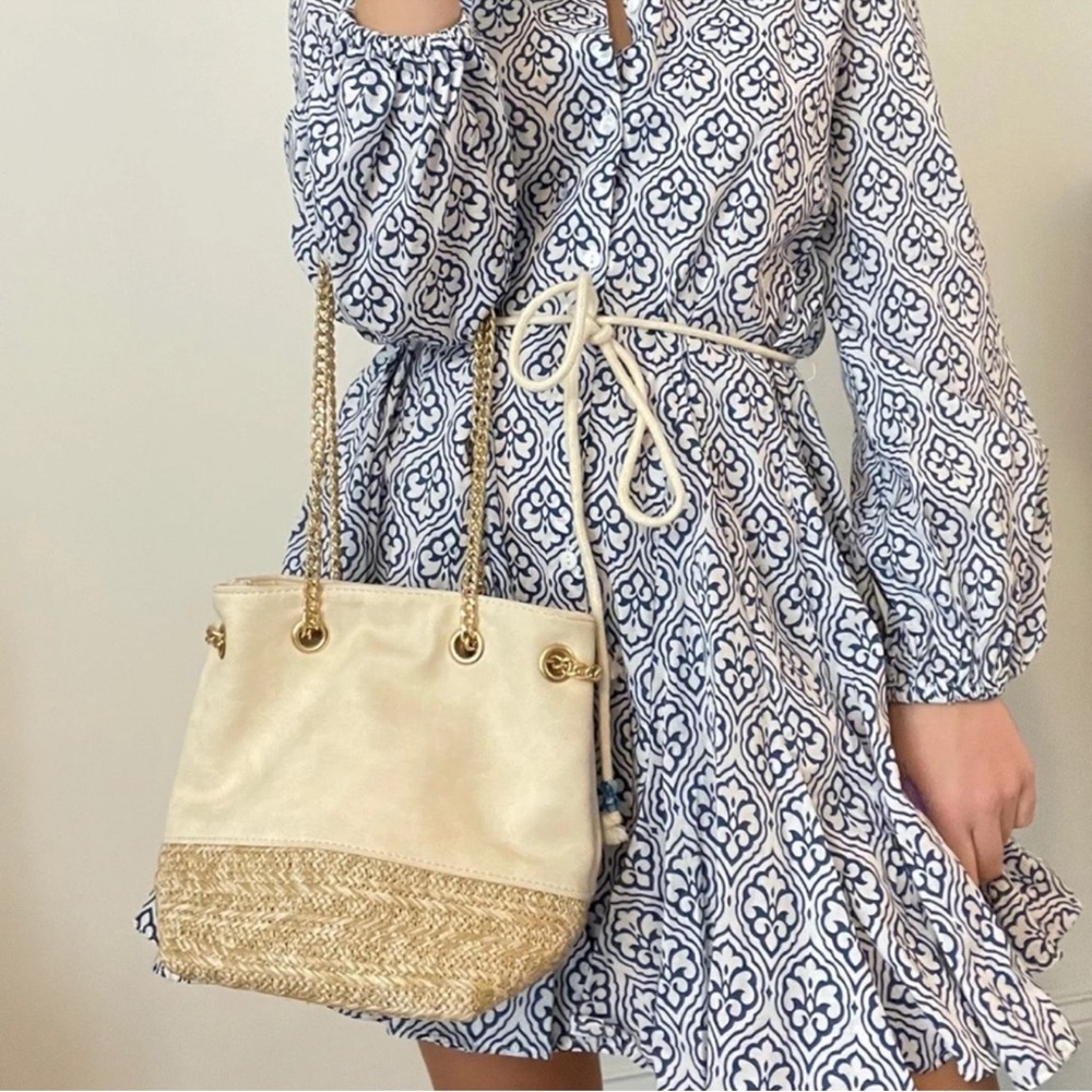 Faux suede and straw mini bucket bag gold chain strap summer spring neutral